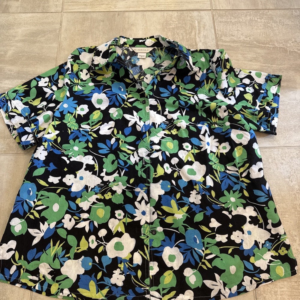 Allison Daley XL 18 Short Sleeve Button‎ Up Floral Shirt Embroidered Black Green